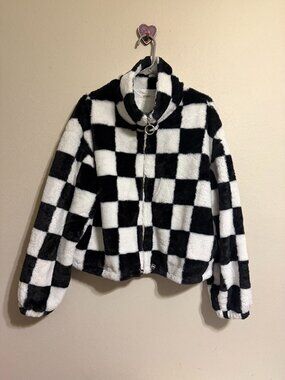 Black and White Checker Board Plush Zip Jacket KYOYO Size XL